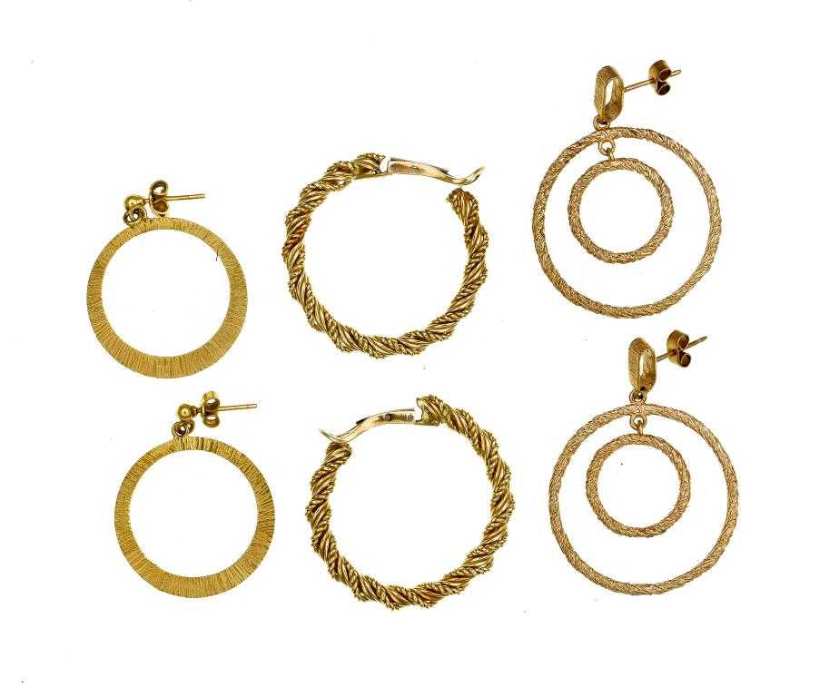 Appraisal: THREE PAIRS OF GOLD EARRINGS of hoop design variously textured