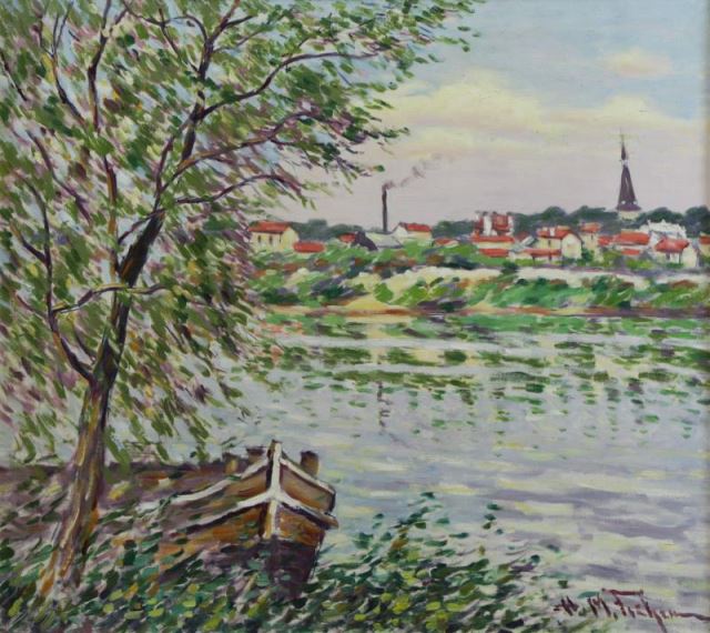 Appraisal: FISHER Hugo M Oil on Canvas River Village Signed lower