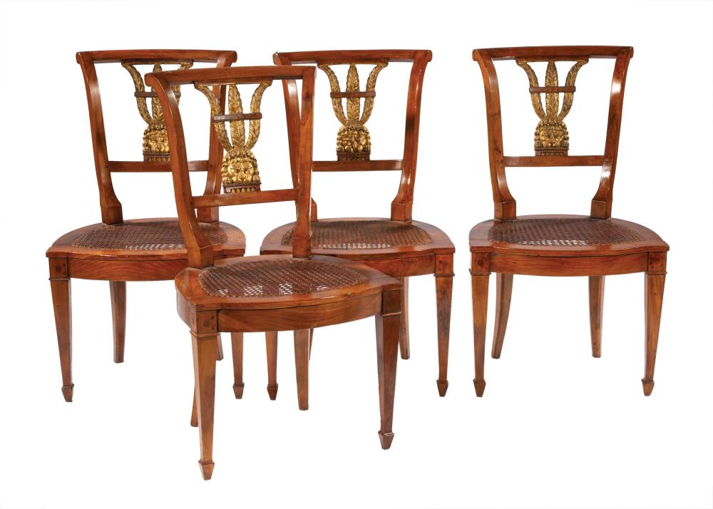 Appraisal: Four Directoire-Style Parcel Gilt Fruitwood Chairs late th c scrolled