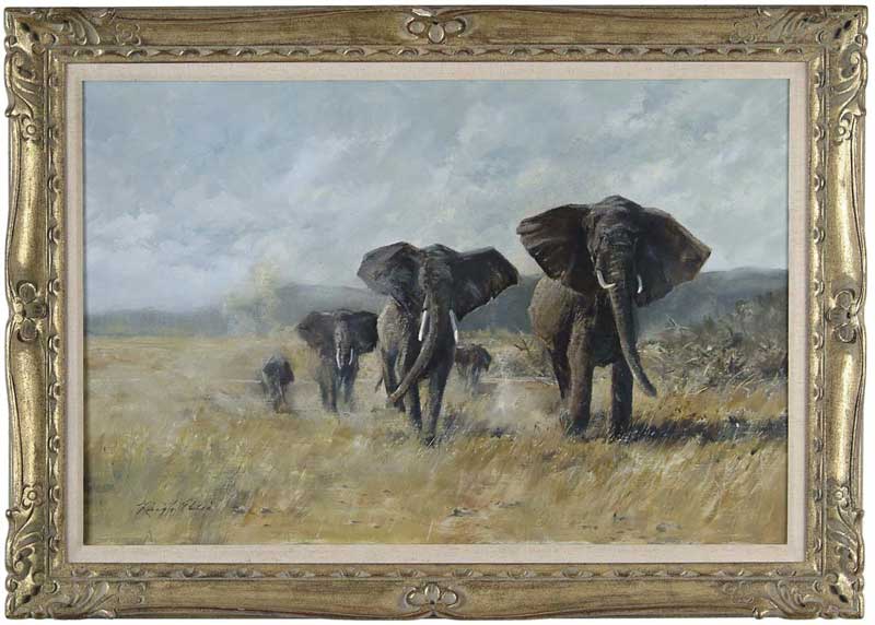 Appraisal: RAY G ELLIS American - ELEPHANTS ON THE SERENGETI Oil