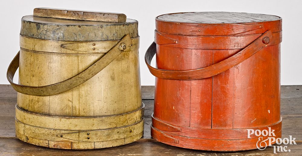 Appraisal: Two large painted pine firkins th c Two large painted