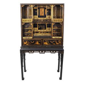 Appraisal: A Chinese Export Gilt Decorated Black Lacquered Cabinet-on-Stand LATE TH