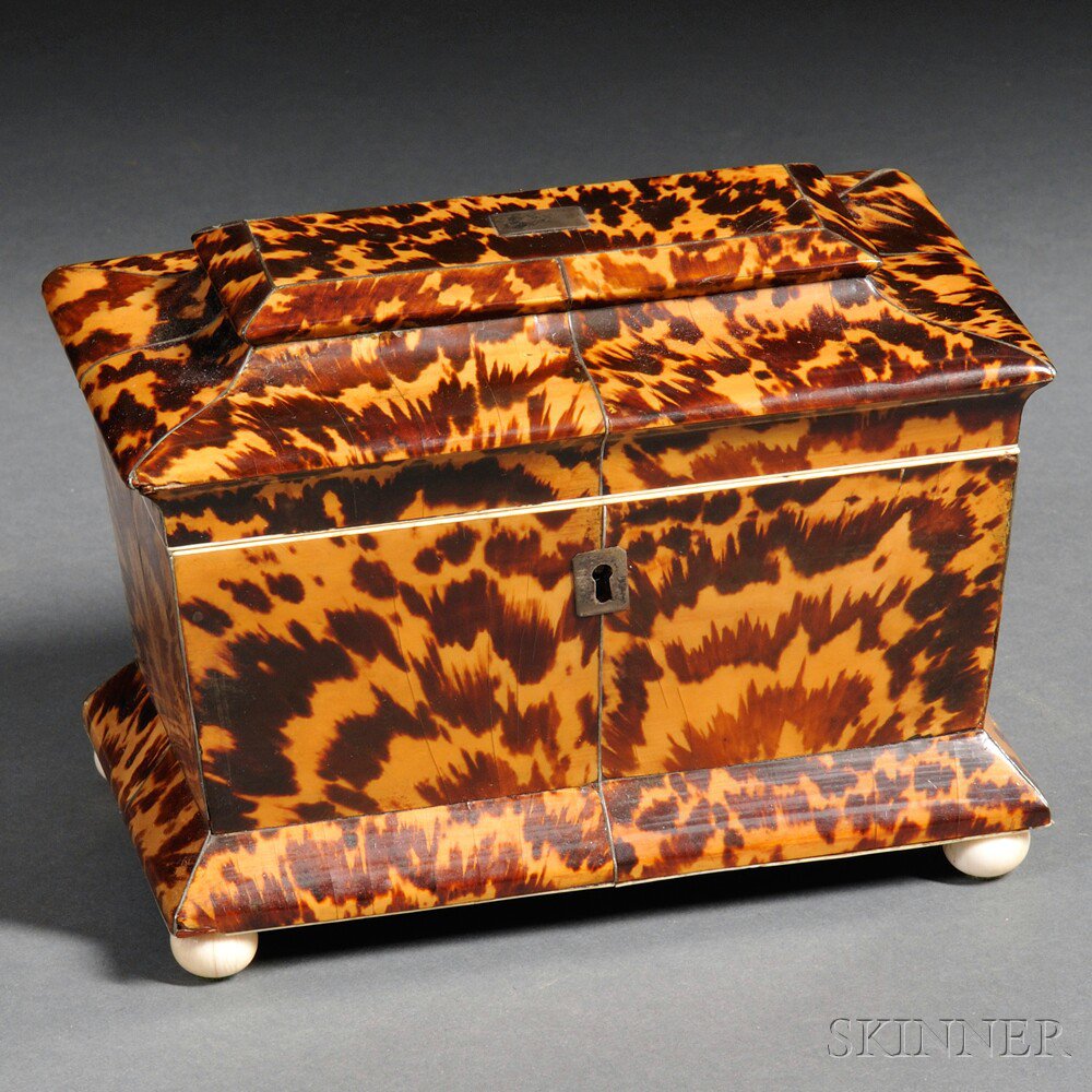 Appraisal: Tortoiseshell Veneer Tea Caddy England early th century rectangular box