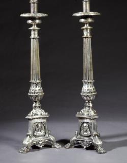 Appraisal: Pair of French Silverplated Altar Candlesticks Pair of French Silverplated