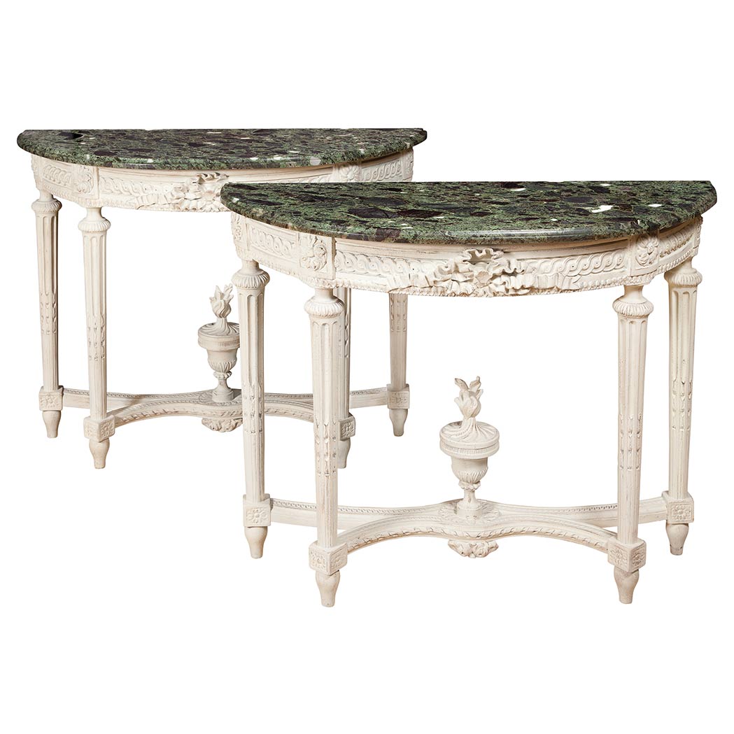 Appraisal: Pair of Louis XVI Style Painted Consoles Each D-shaped green