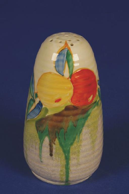 Appraisal: A CLARICE CLIFF BIZARRE SUGAR SIFTER of ribbed ovoid tapering