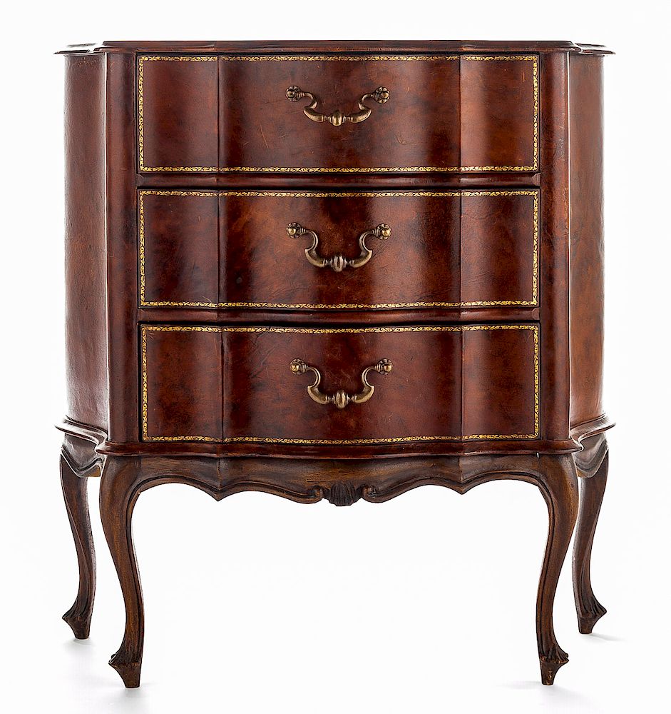 Appraisal: French Three Drawer Leather Covered Stand DESCRIPTION A very fine