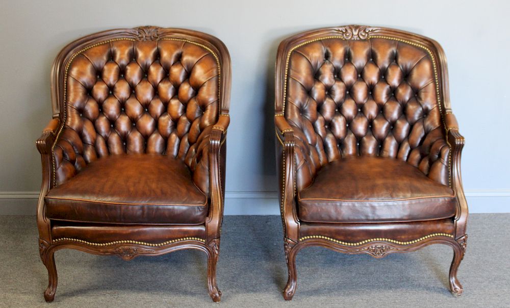 Appraisal: Hancock Moore Pair of Tufted Leather Upholstered Lounge Chairs From