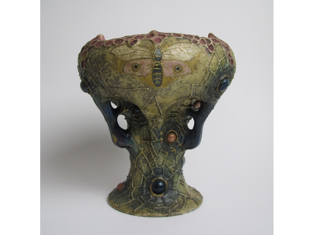 Appraisal: An Amphora free form pottery vase modelled with spiders' webs