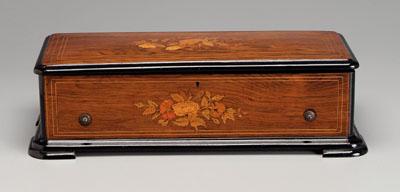 Appraisal: Music box rosewood with inlaid flowers and leaves ebonized borders