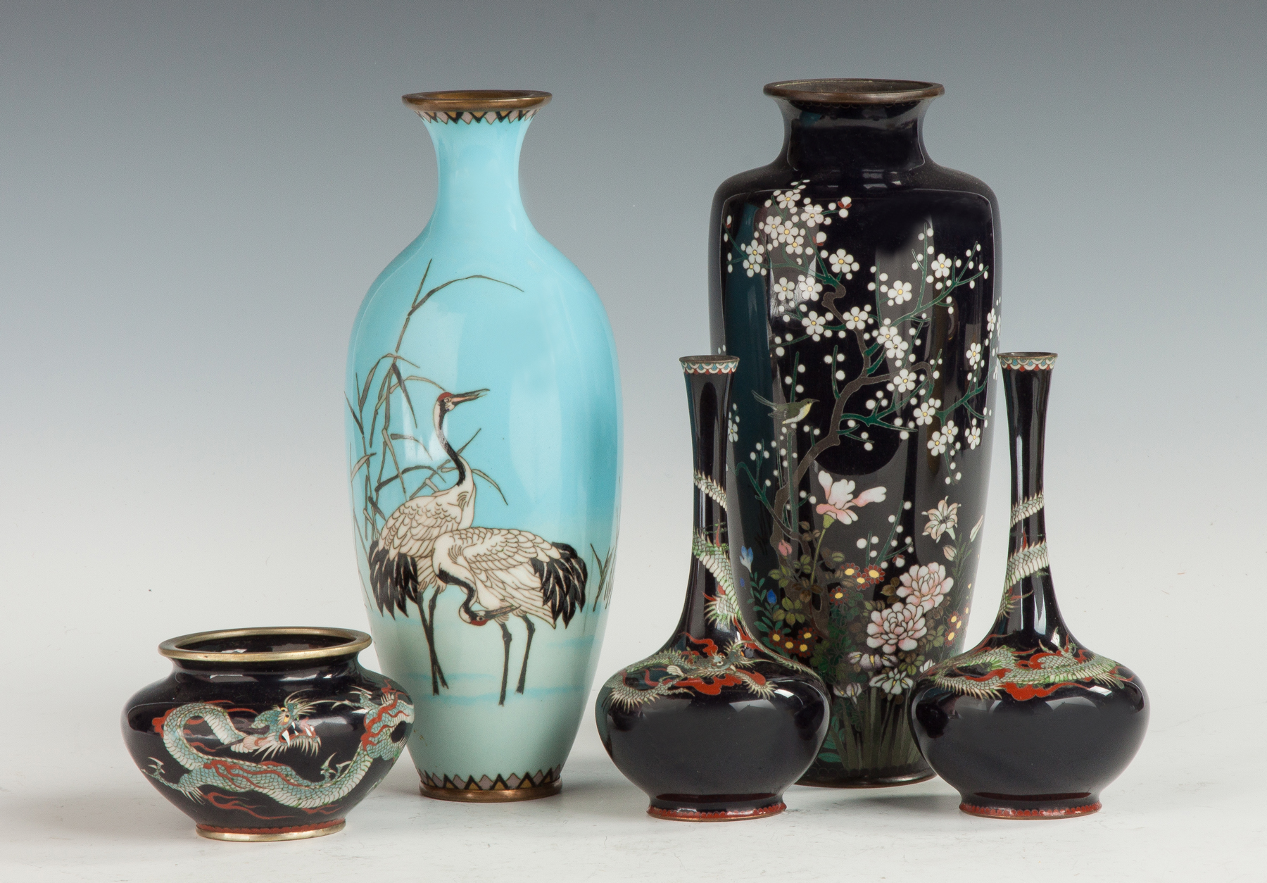 Appraisal: Group of Japanese Cloisonne Vases Light blue decorated with herons