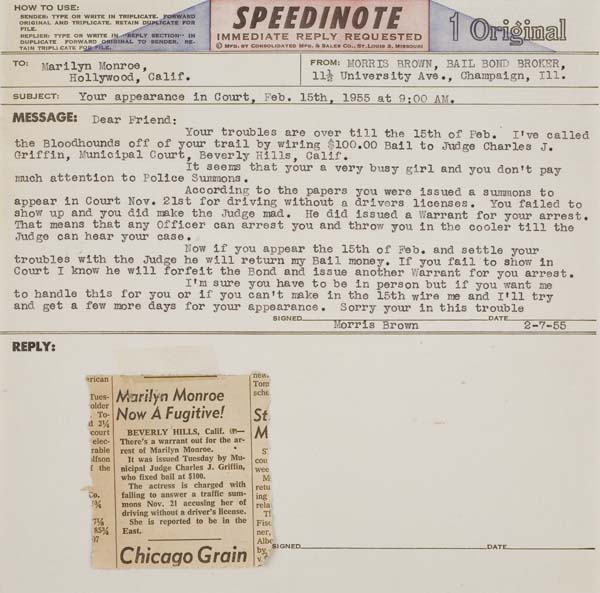 Appraisal: MARILYN MONROE Typed telegram to Marilyn Monroe from Morris Brown