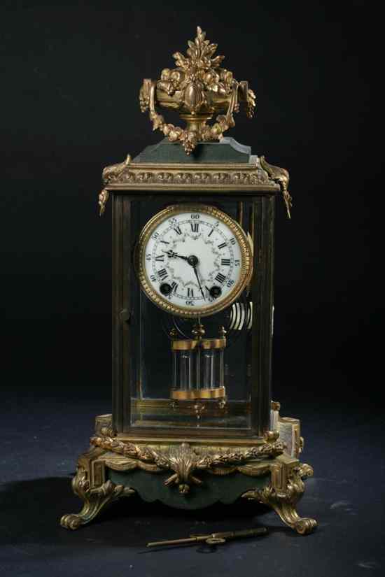 Appraisal: FRENCH LOUIS XV STYLE BRASS-MOUNTED UPRIGHT RECTANGULAR MANTLE CLOCK Glazed-panel