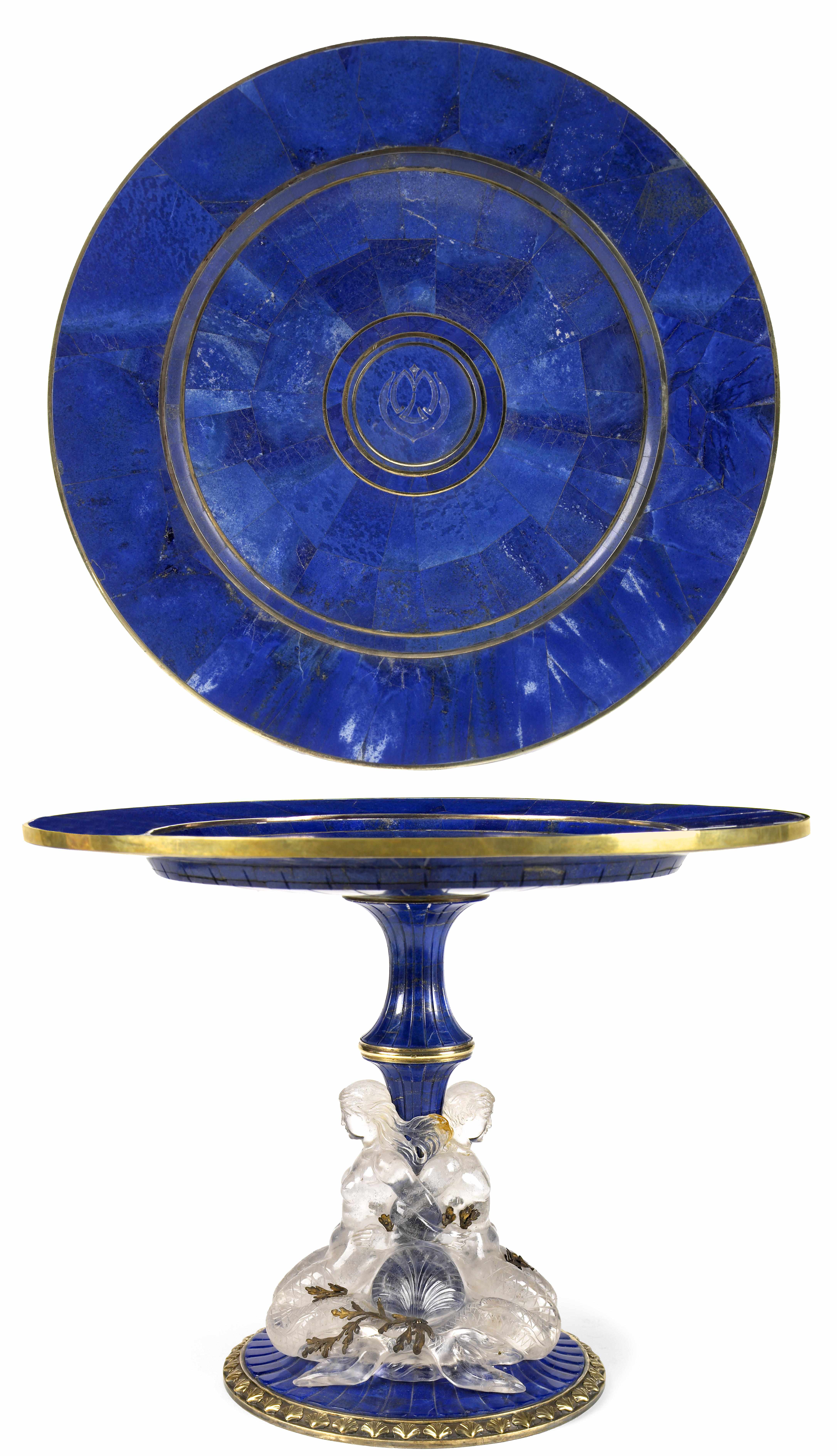 Appraisal: A Continental rock crystal and lapis veneered tazza probably French