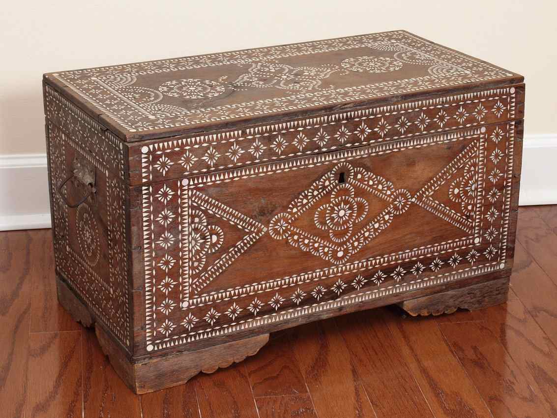 Appraisal: MOTHER OF PEARL INLAID DOWRY CHEST Diminutive chest profusely decorated