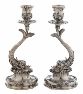 Appraisal: Pair of Buccellati Sterling Dolphin Candlestick Viennese Enamel Silver Harp-Form