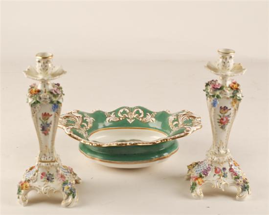 Appraisal: A Pair of Dresden Candlesticks and an Old Paris Bowl