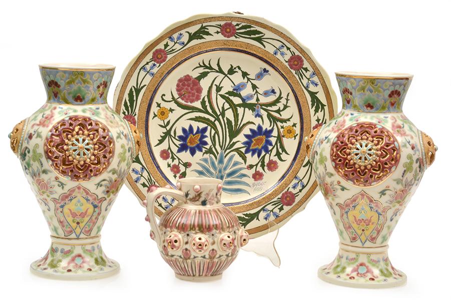 Appraisal: A PAIR OF GERMAN FAIENCE VASES ALONG WITH ZSOLNAY FAIENCE