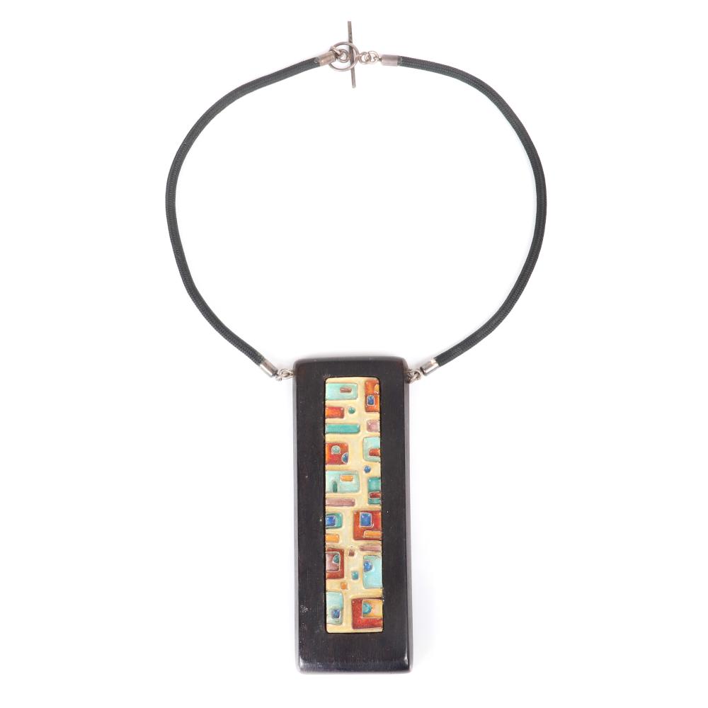 Appraisal: MILDRED BALL AMERICAN MODERNIST LARGE WOOD PENDANT WITH INLAID BLUE