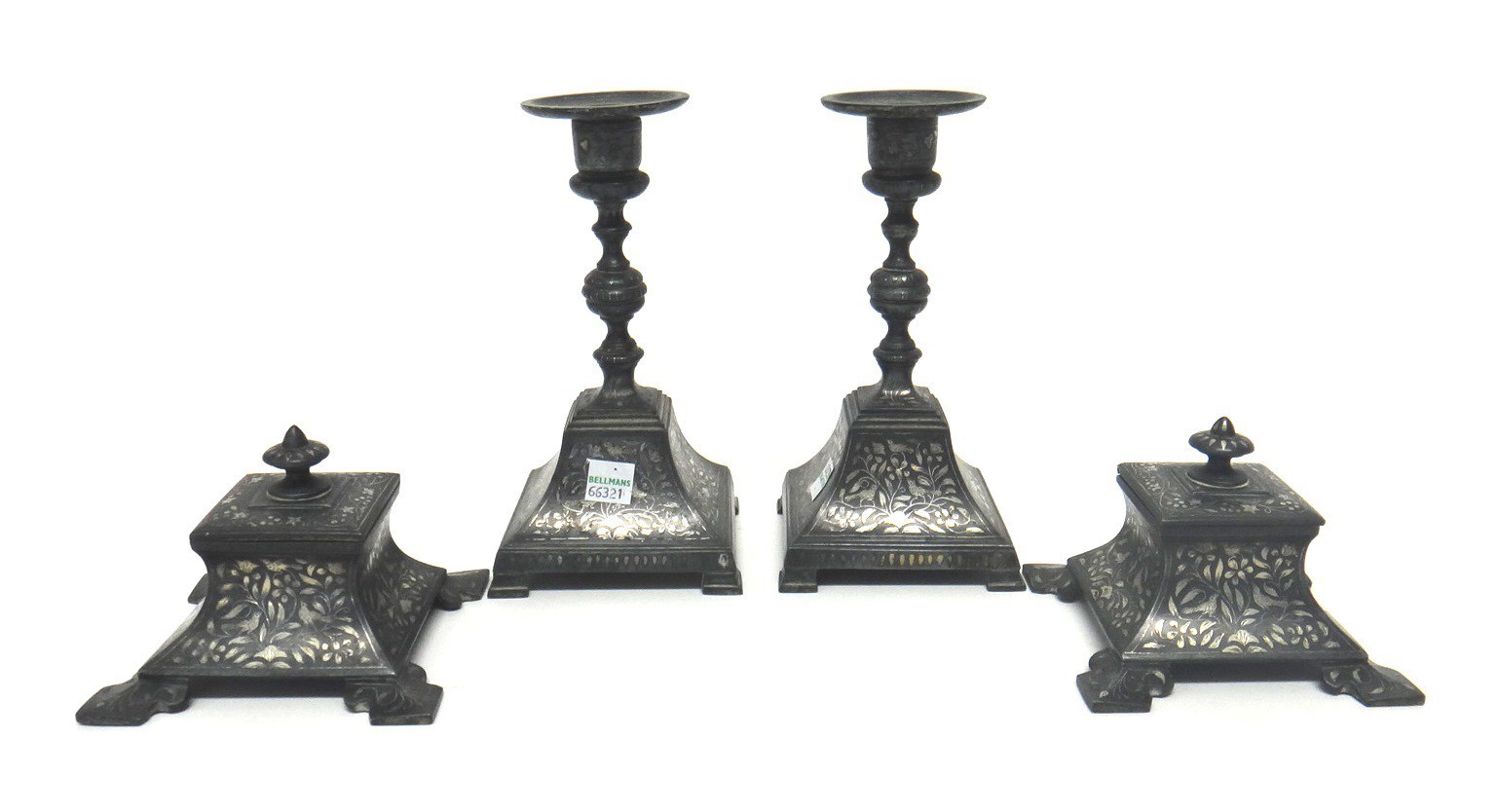 Appraisal: A pair of Indian bidri silver-inlaid candlesticks and inkwells th