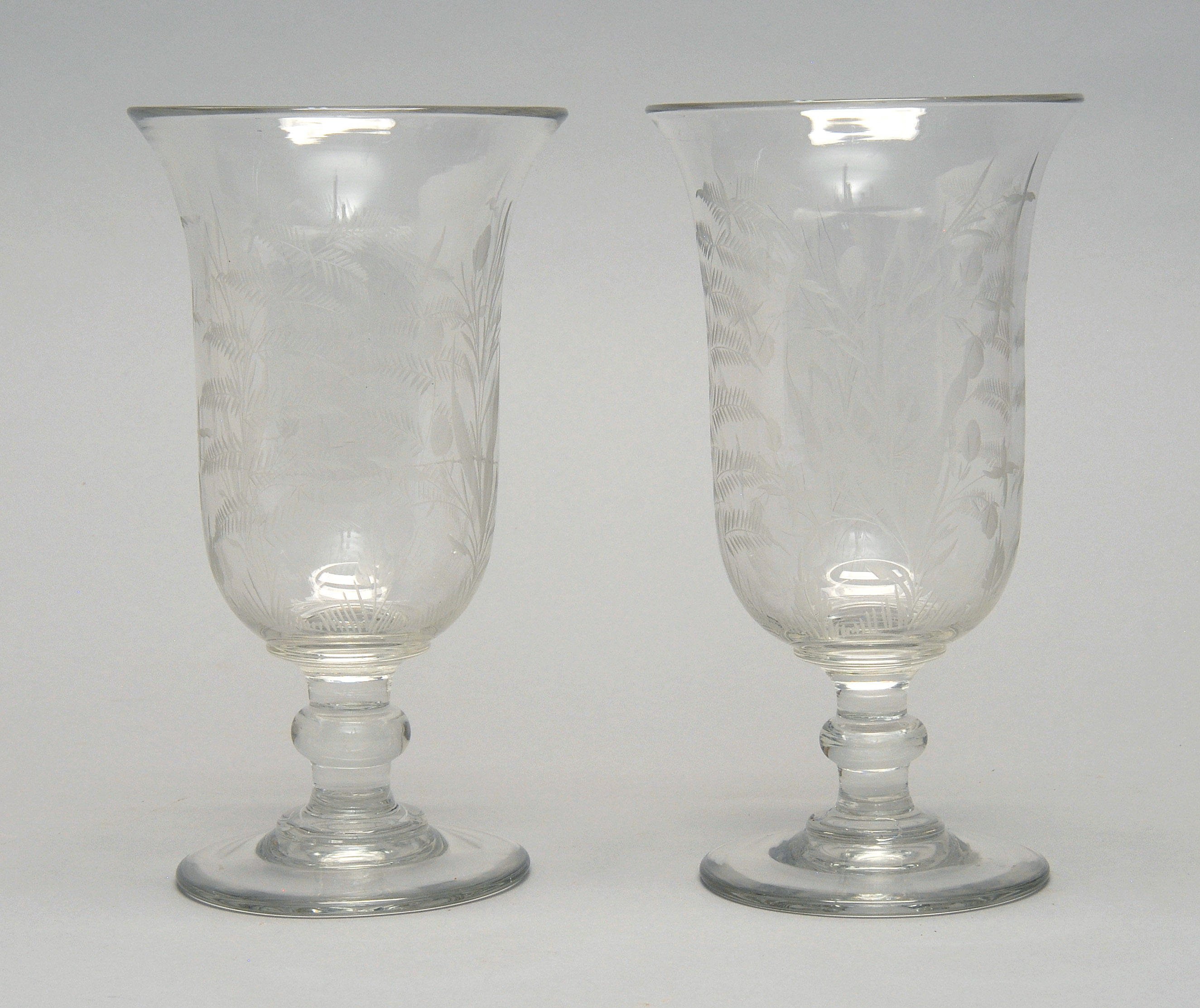 Appraisal: PAIR OF VICTORIAN ENGRAVED GLASS CELERY VASES Colorless with fern