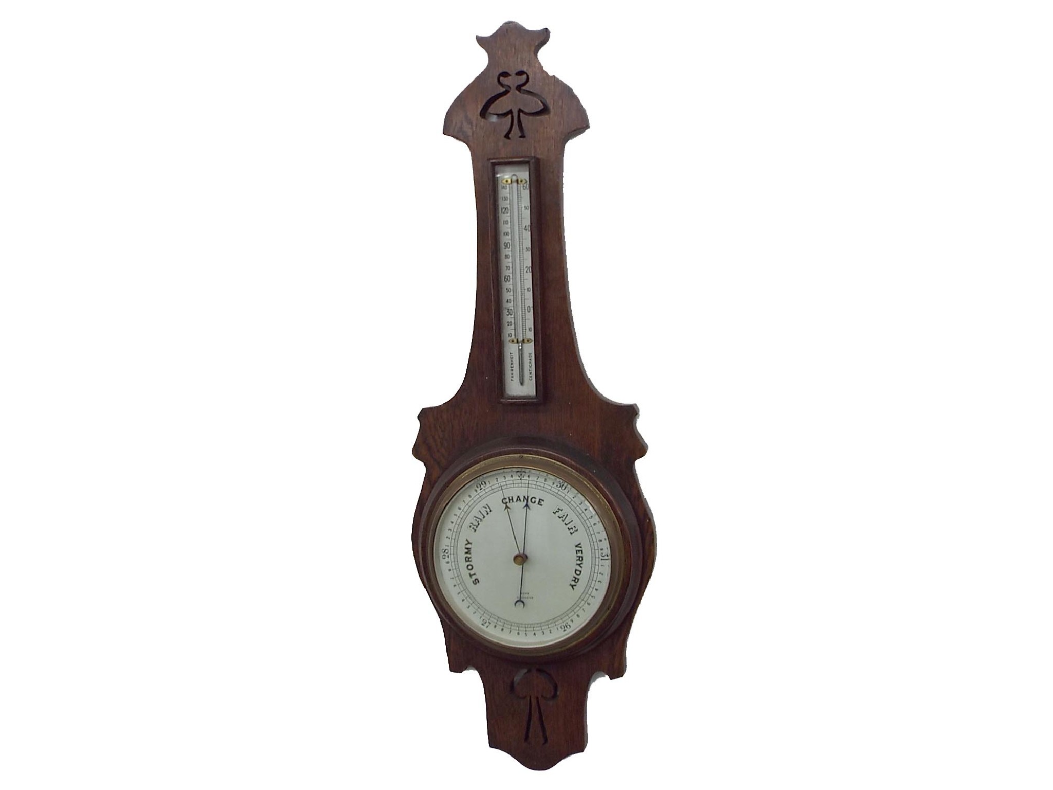 Appraisal: Art Nouveau oak wall barometer thermometer the dial signed Mann