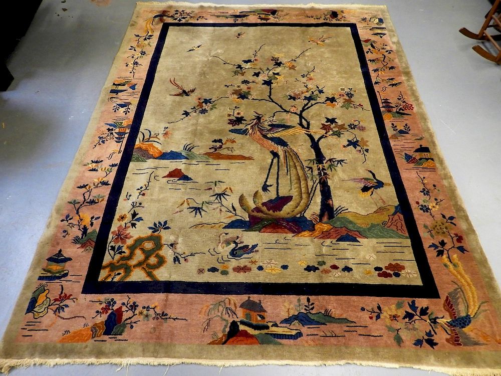 Appraisal: LG Chinese Art Deco Polychrome Scenic Carpet Rug China Circa