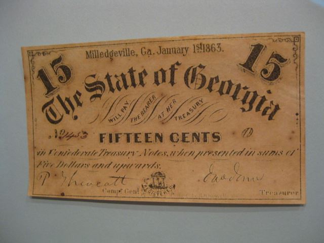 Appraisal: Georgia Confederate Civil War Note scarce denomination Milledgeville a fine