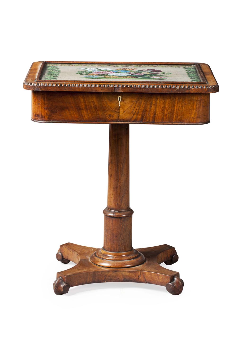 Appraisal: GEORGE IV MAHOGANY WORK TABLE WITH BEADWORK PANEL TOP CIRCA