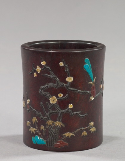 Appraisal: Attractive Kuang-Hsu Mother-Of-Pearl- Turquoise- and Coral-Inlaid Carved Mahogany Brush Pot