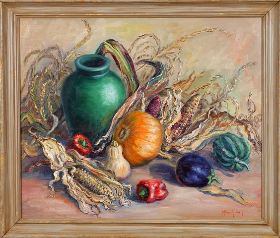 Appraisal: Harvest autumn still life with corn squash peppers and green