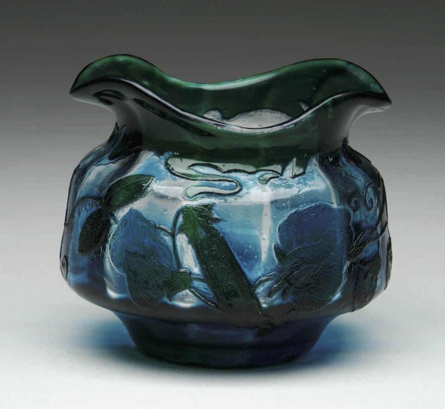 Appraisal: DAUM NANCY CAMEO VASE Green overlay on a blue and