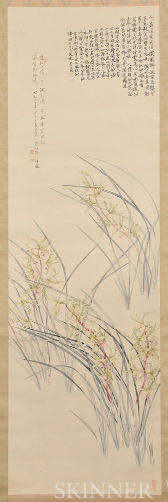 Appraisal: Hanging Scroll Depicting Orchids written inscription title and date with