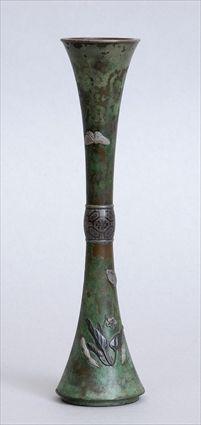 Appraisal: JAPANESE ARCHAISTIC MIXED METAL-MOUNTED BRONZE GU-FORM VASE Of slender beaker-form