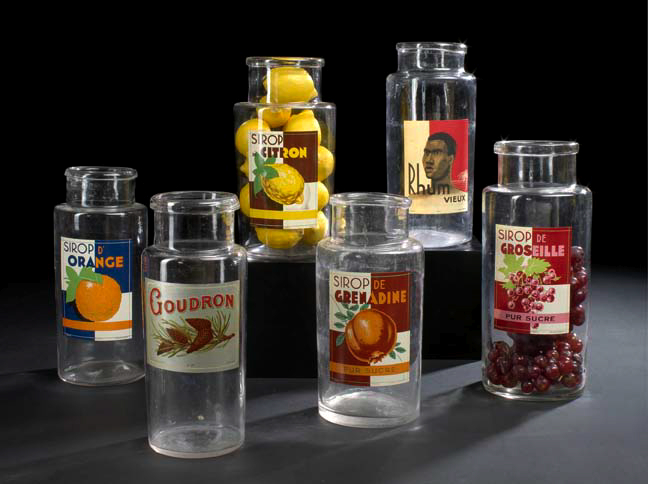 Appraisal: Collection of Six French Art Deco Colorless Glass Fruit Syrup