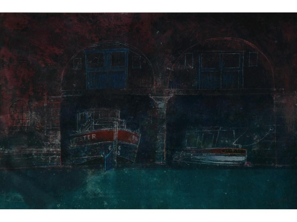 Appraisal: J MORGAN HEWISON MIXED MEDIA 'Canal Barges'signed x cm x