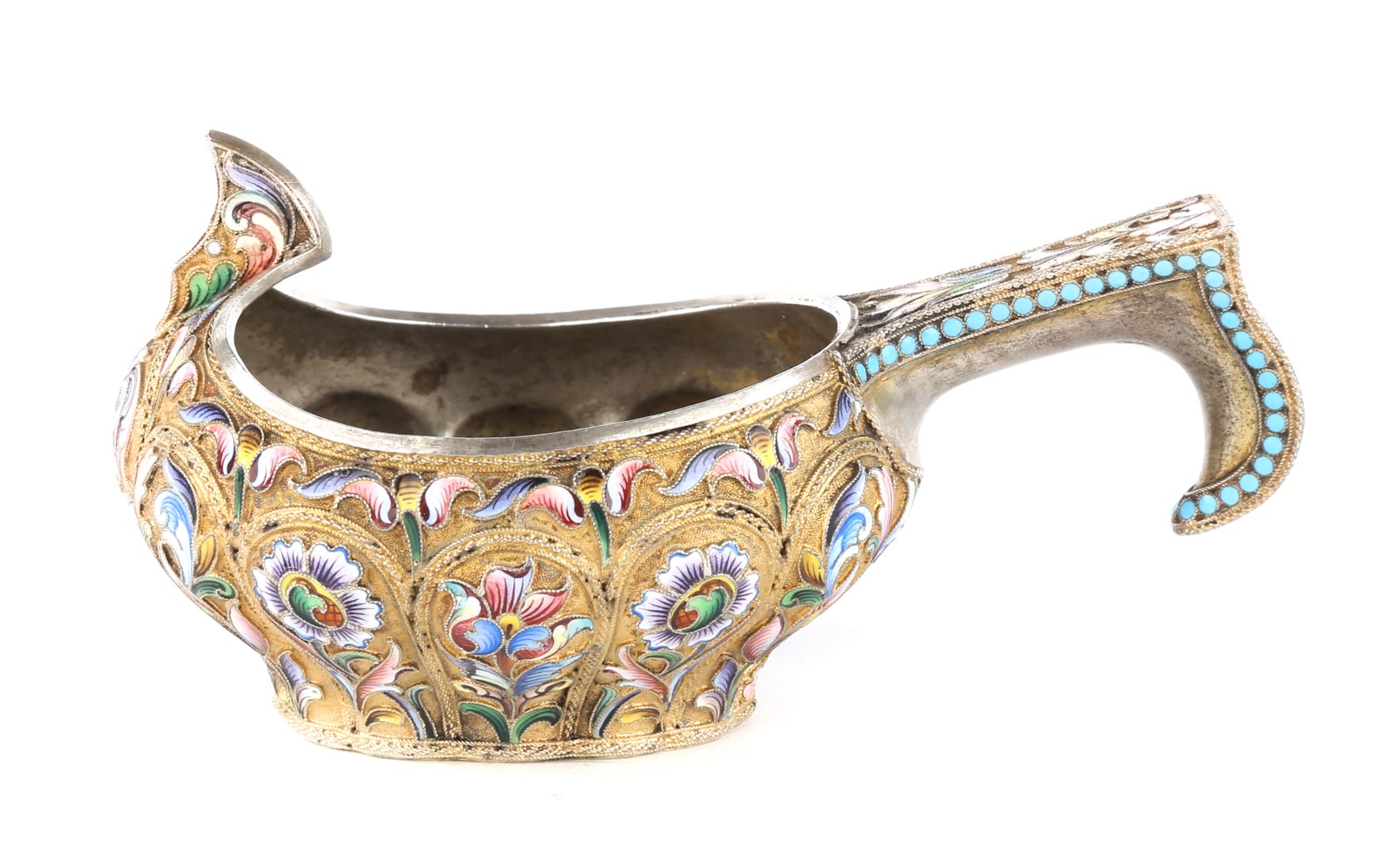 Appraisal: Russian cloisonne enamel silver-gilt kovsh possibly Maria Semenova Moscow -