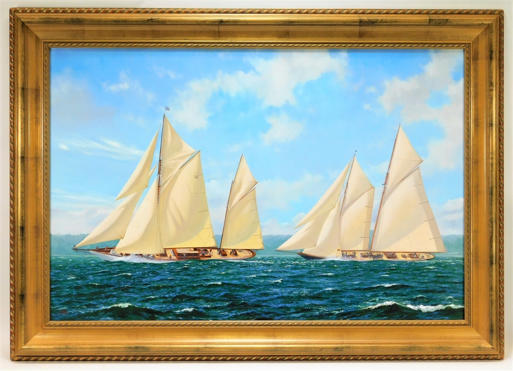 Appraisal: ANDREW S WALTON RACING SAILBOATS PAINTING England b Seascape dominated