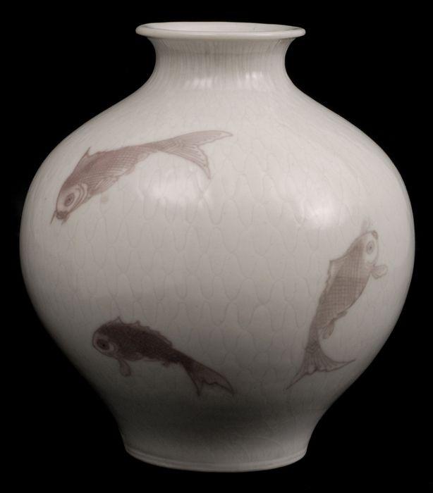 Appraisal: CHINESE COPPER RED DECORATED VASE Painted with carp on incised