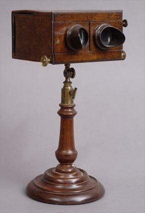 Appraisal: ENGLISH VICTORIAN FIGURED WALNUT STEREOSCOPE The hinged viewer with mirror