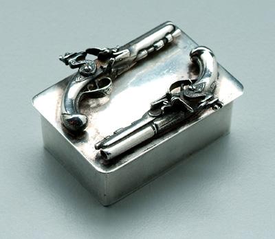 Appraisal: English silver pistol pillbox rectangular two flintlock style miniature pistols