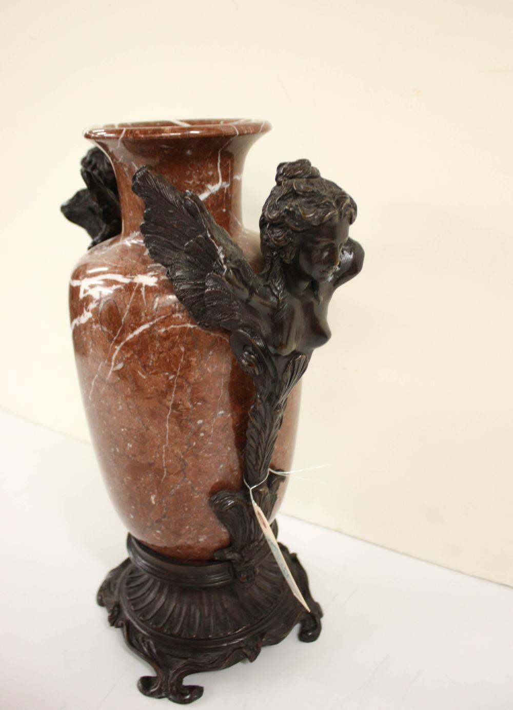 Appraisal: BRONZE AND MARBLE URN a vasiform rouge marble vessel with