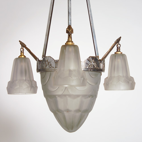 Appraisal: DEGUE Two French Art Deco pendant chandeliers one on reticulated