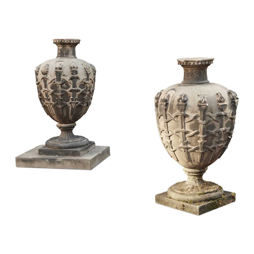 Appraisal: PAIR OF CARVED SANDSTONE NEOCLASSICAL STYLE URNS TH CENTURY the