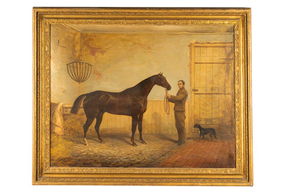 Appraisal: STALLION WITH GROOM DOG th century oil on canvas Condition