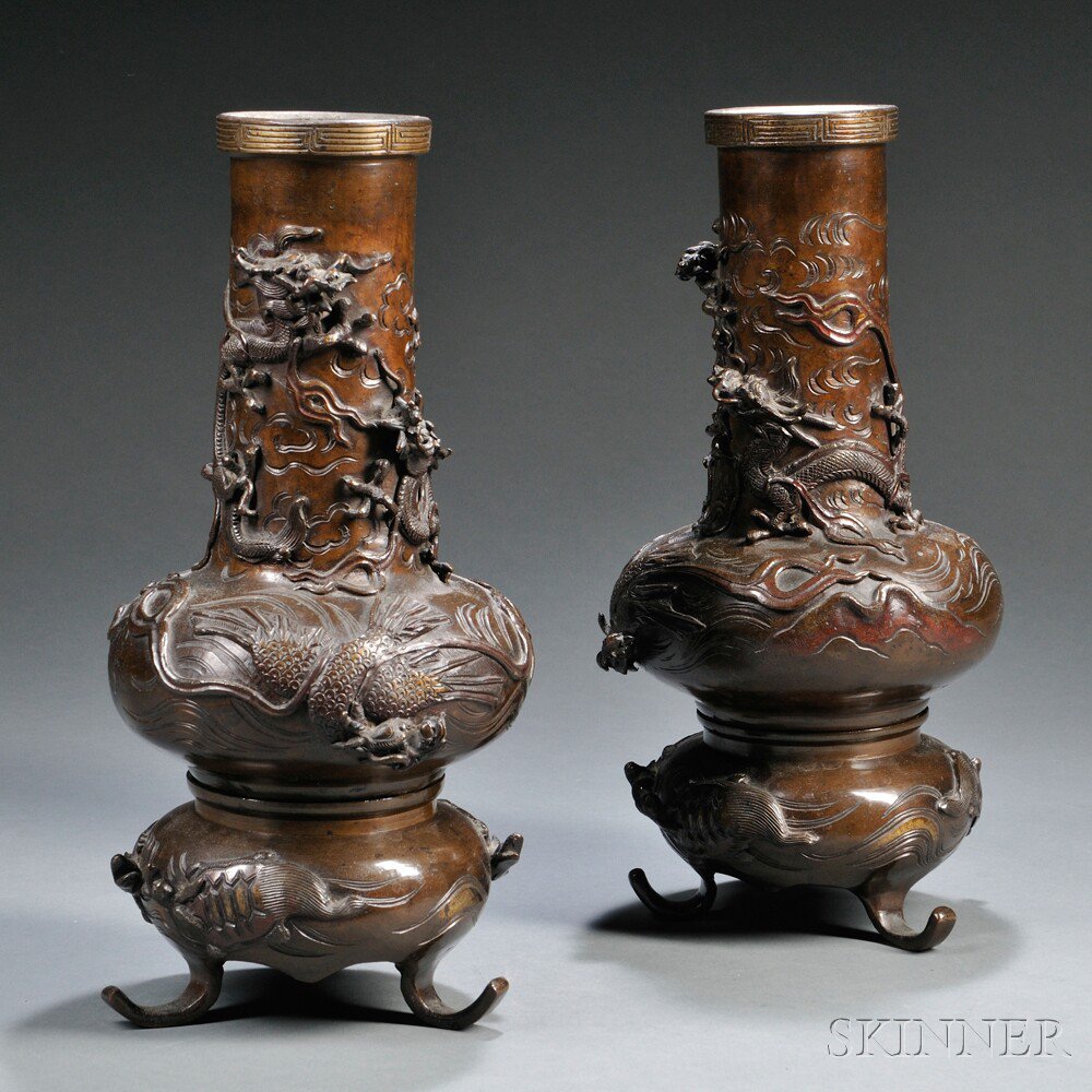 Appraisal: Pair of Bronze Vases on Bronze Stands Japan compressed bulbous