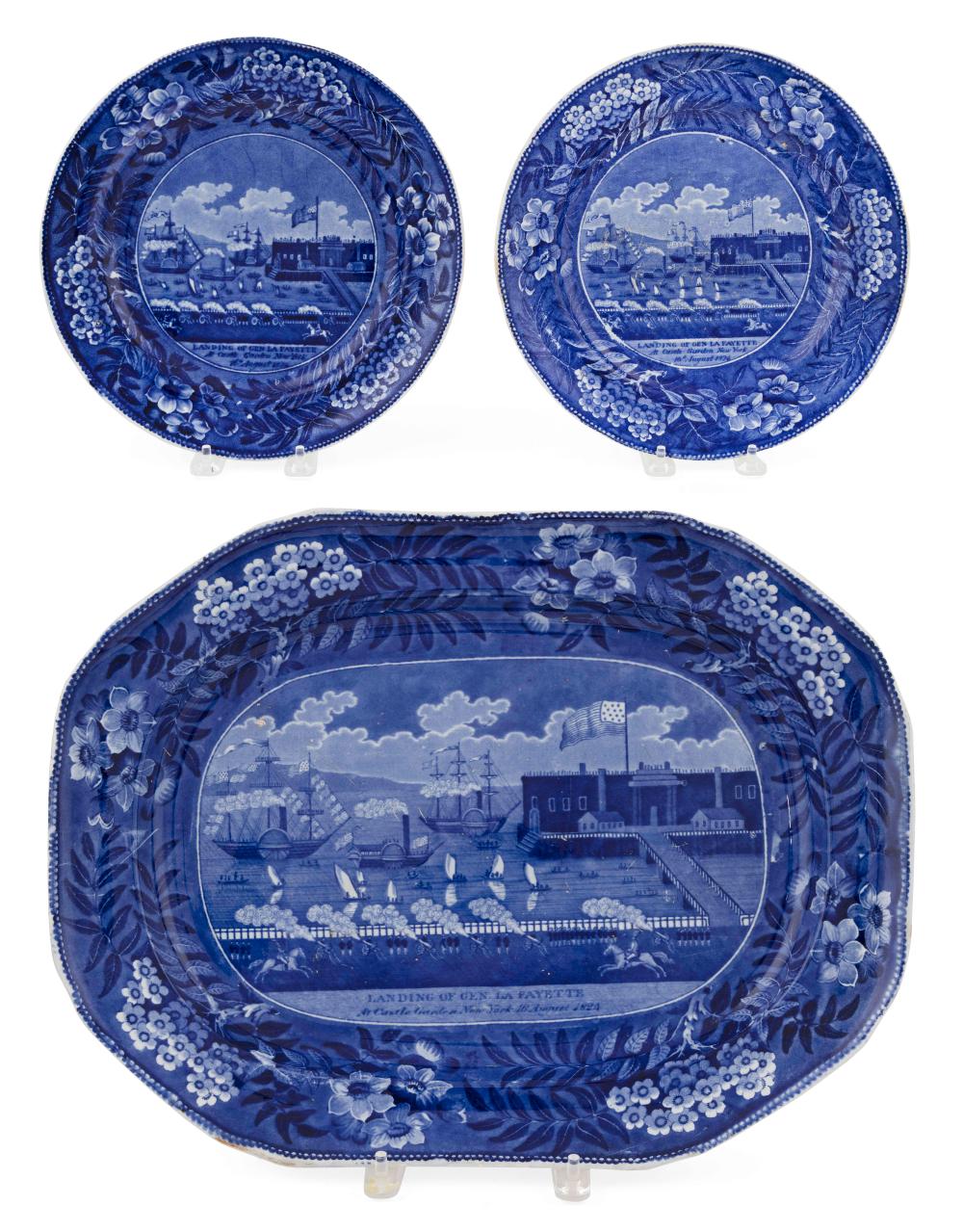 Appraisal: HISTORICAL BLUE STAFFORDSHIRE PLATTER AND TWO PLATES th Century Landing