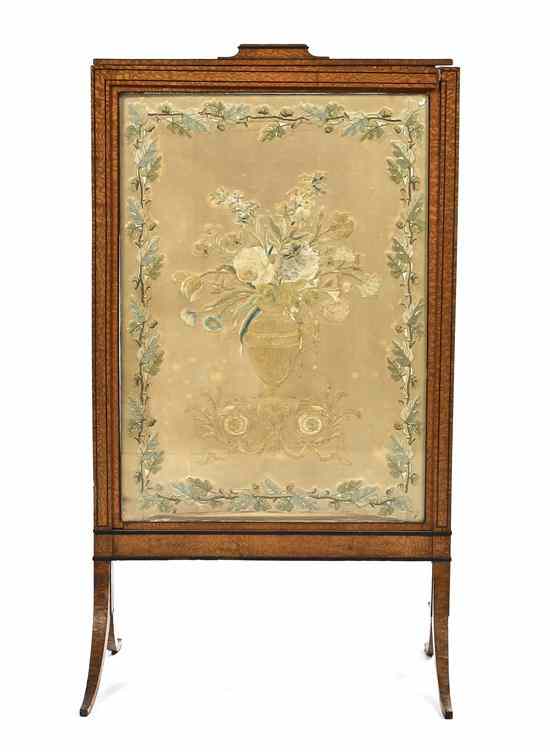 Appraisal: A Burlwood and Stumpwork Inset Firescreen the frame with ebonized