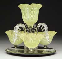 Appraisal: ENGLISH EPERGNE Nailsea dragloop satin glass vases mounted on clear