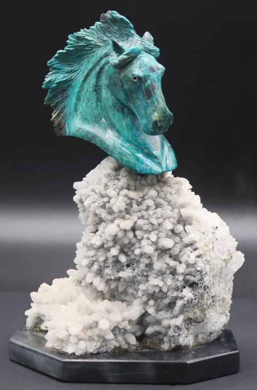 Appraisal: CARVED CHRYSOCOLLA HORSE ON A QUARTZ AND PYRITE Base Carved